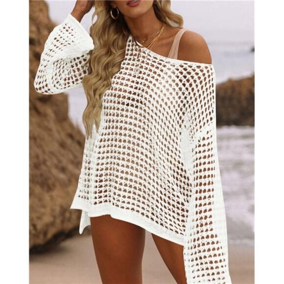 Women's Summer Hollow Out Mesh Beach Bikini Cover Up Tunic Top - Picture 2 of 7